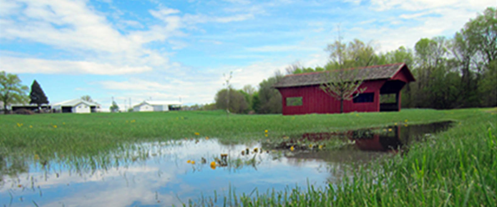 Red color covered bridge